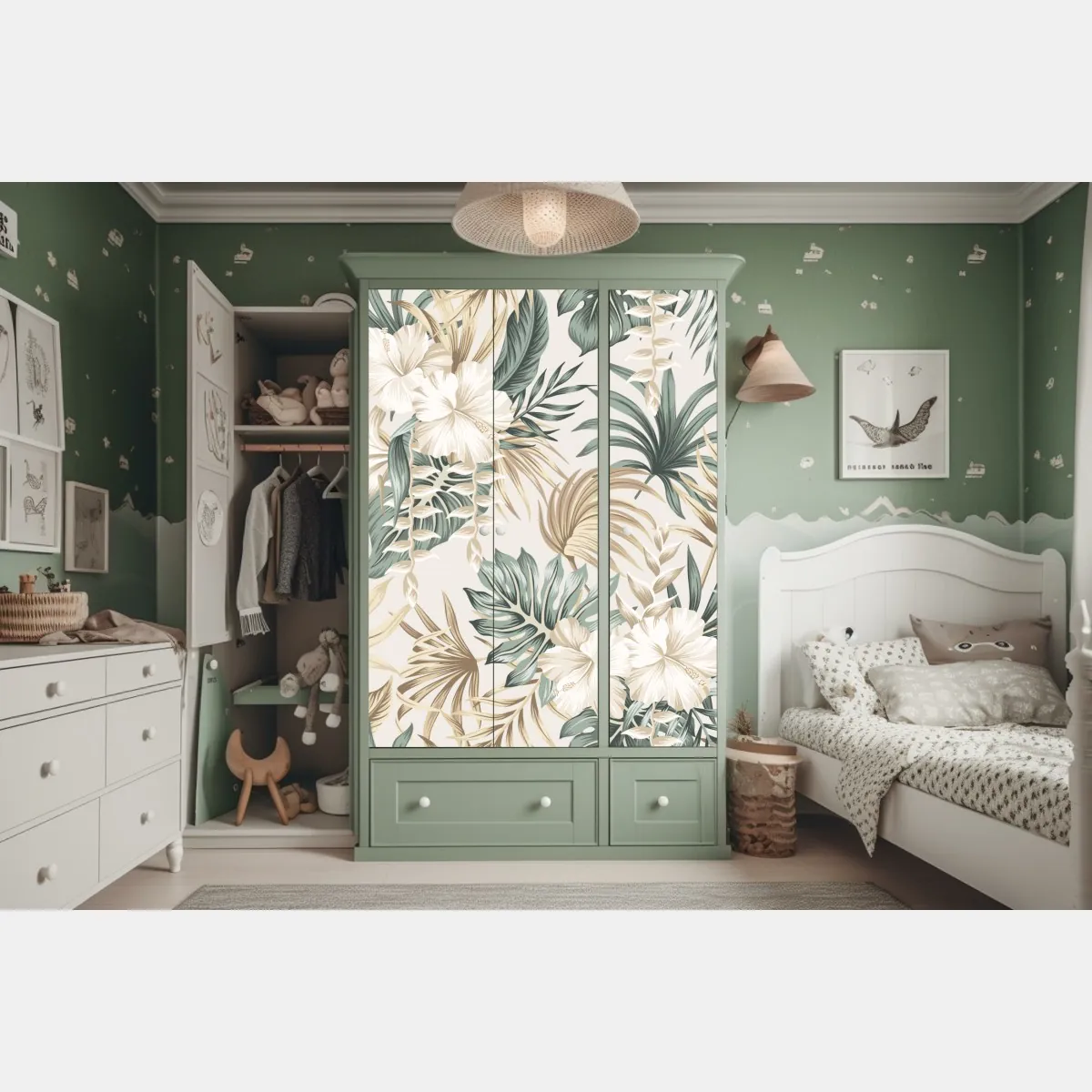 Naklejka na szafę delikatny tropikalny motyw hibiskusa – Wallissimo® Naklejka na szafę delikatny tropikalny motyw hibiskusa – Wallissimo®