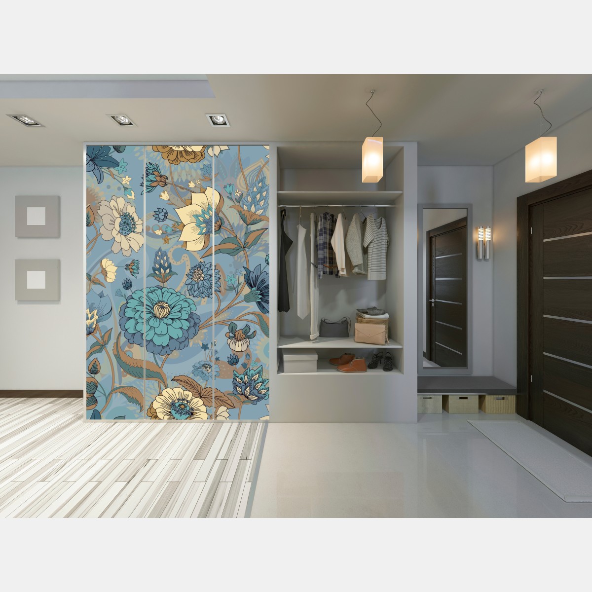 Naklejka na szafę wzór kwiatowy w stonowanych niebiesko-beżowych odcieniach – Wallissimo® Naklejka na szafę wzór kwiatowy w stonowanych niebiesko-beżowych odcieniach – Wallissimo®