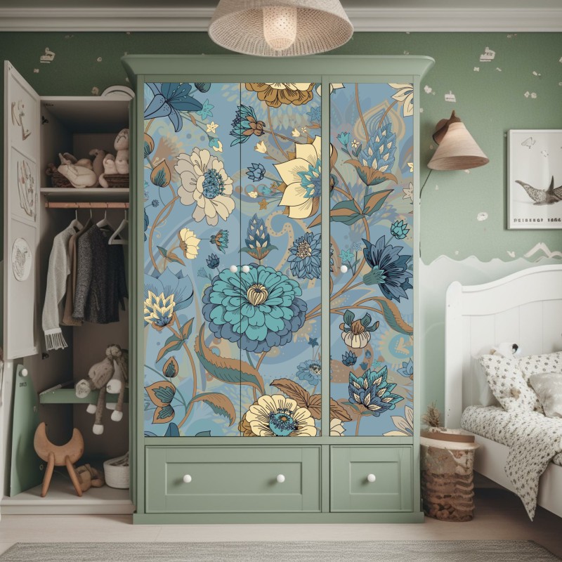 Naklejka na szafę wzór kwiatowy w stonowanych niebiesko-beżowych odcieniach – Wallissimo® Naklejka na szafę wzór kwiatowy w stonowanych niebiesko-beżowych odcieniach – Wallissimo®