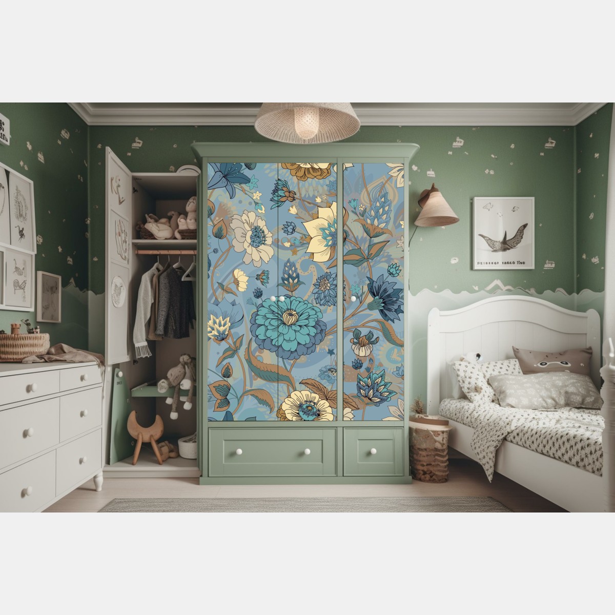 Naklejka na szafę wzór kwiatowy w stonowanych niebiesko-beżowych odcieniach – Wallissimo® Naklejka na szafę wzór kwiatowy w stonowanych niebiesko-beżowych odcieniach – Wallissimo®