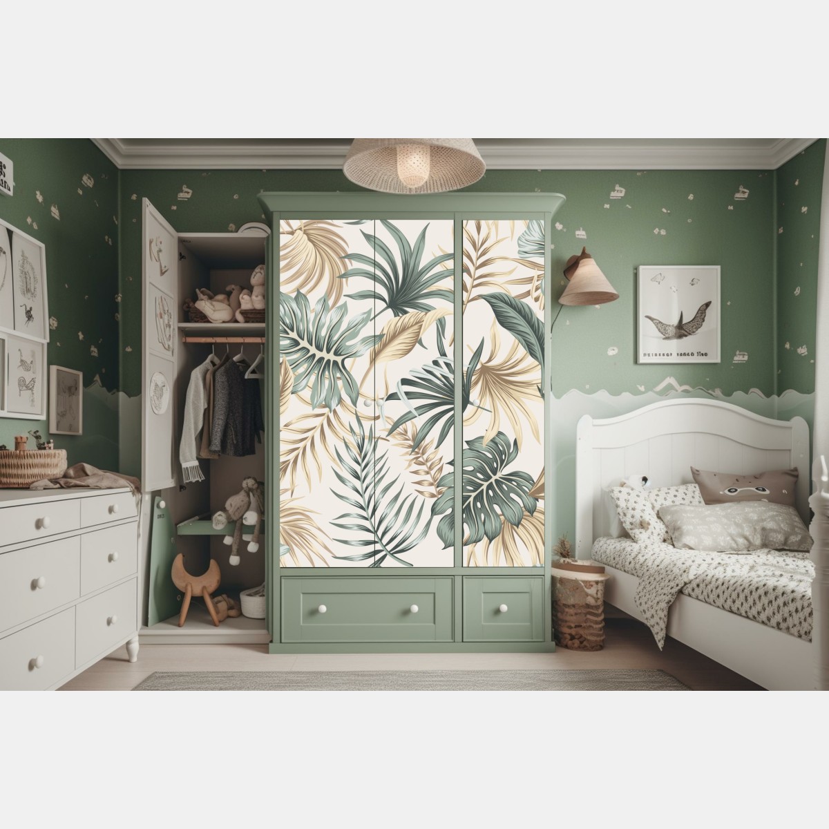 Naklejka na szafę tropikalny botaniczny wzór liści – Wallissimo® Naklejka na szafę tropikalny botaniczny wzór liści – Wallissimo®