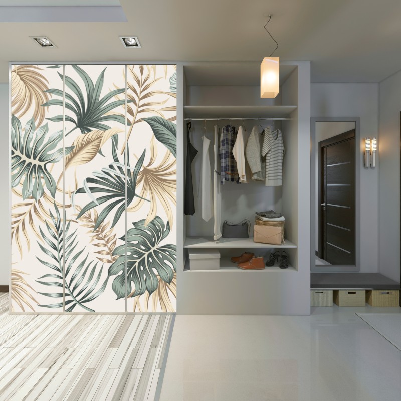 Naklejka na szafę tropikalny botaniczny wzór liści – Wallissimo® Naklejka na szafę tropikalny botaniczny wzór liści – Wallissimo®