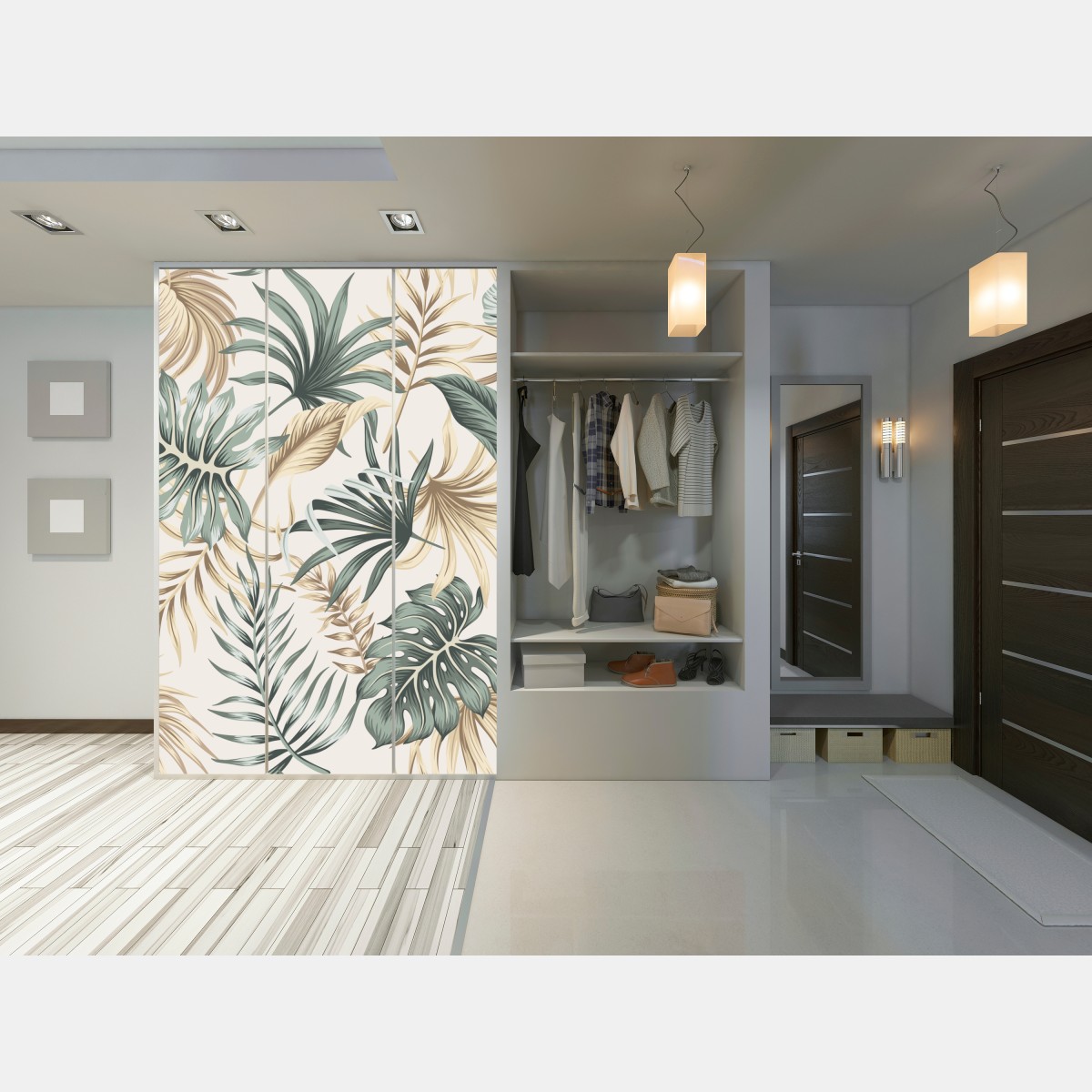 Naklejka na szafę tropikalny botaniczny wzór liści – Wallissimo® Naklejka na szafę tropikalny botaniczny wzór liści – Wallissimo®