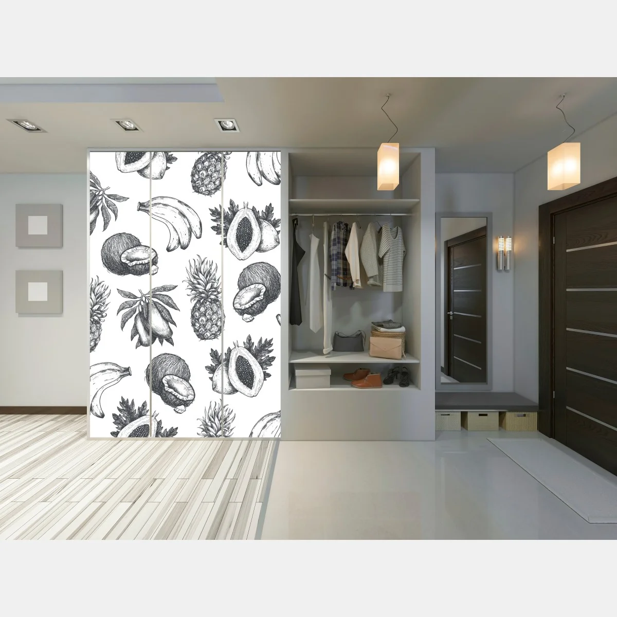Naklejka na szafę ręcznie rysowany wzór tropikalnych owoców – Wallissimo® Naklejka na szafę ręcznie rysowany wzór tropikalnych owoców – Wallissimo®