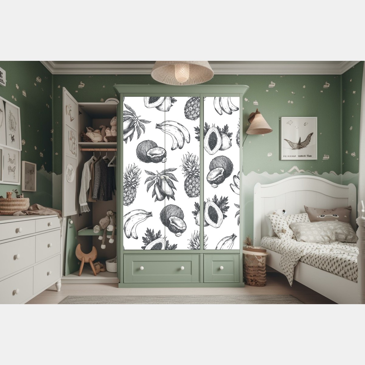 Naklejka na szafę ręcznie rysowany wzór tropikalnych owoców – Wallissimo® Naklejka na szafę ręcznie rysowany wzór tropikalnych owoców – Wallissimo®