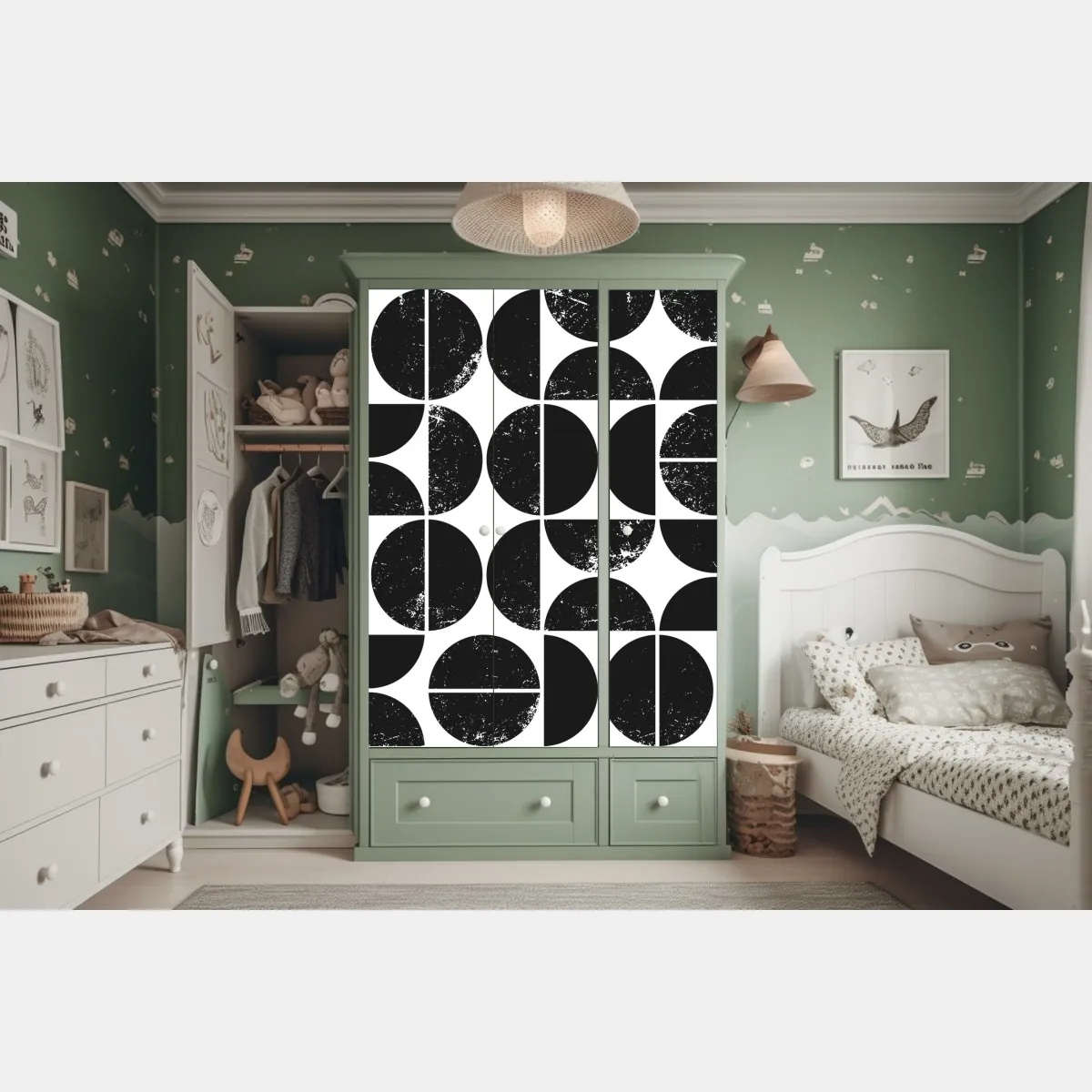 Naklejka na szafę czarny geometryczny wzór z kół i półkół – Wallissimo® Naklejka na szafę czarny geometryczny wzór z kół i półkół – Wallissimo®