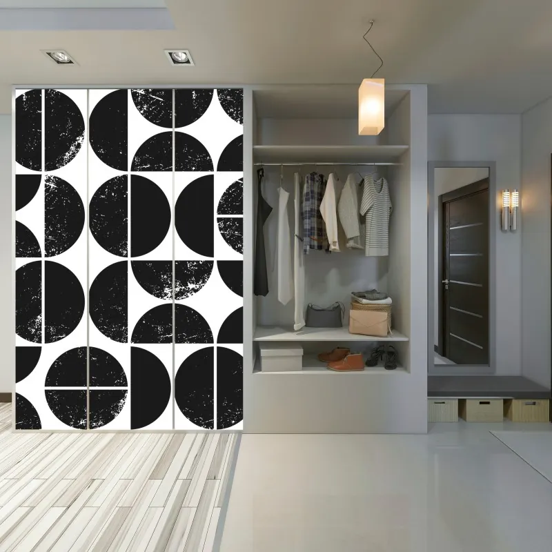 Naklejka na szafę czarny geometryczny wzór z kół i półkół – Wallissimo® Naklejka na szafę czarny geometryczny wzór z kół i półkół – Wallissimo®