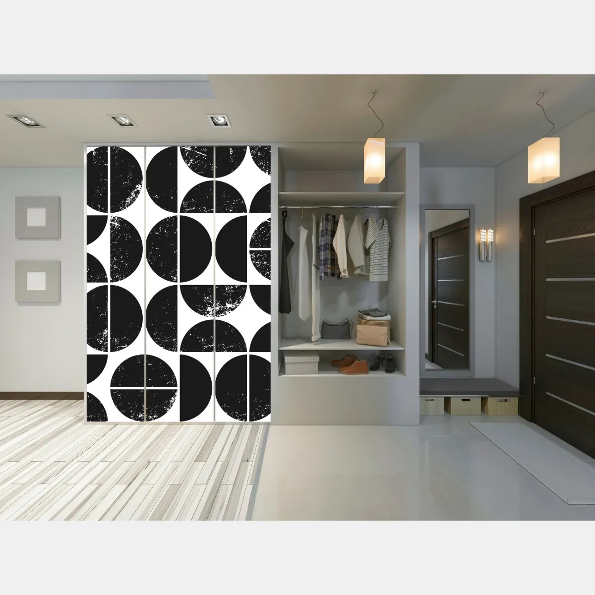 Naklejka na szafę czarny geometryczny wzór z kół i półkół – Wallissimo® Naklejka na szafę czarny geometryczny wzór z kół i półkół – Wallissimo®