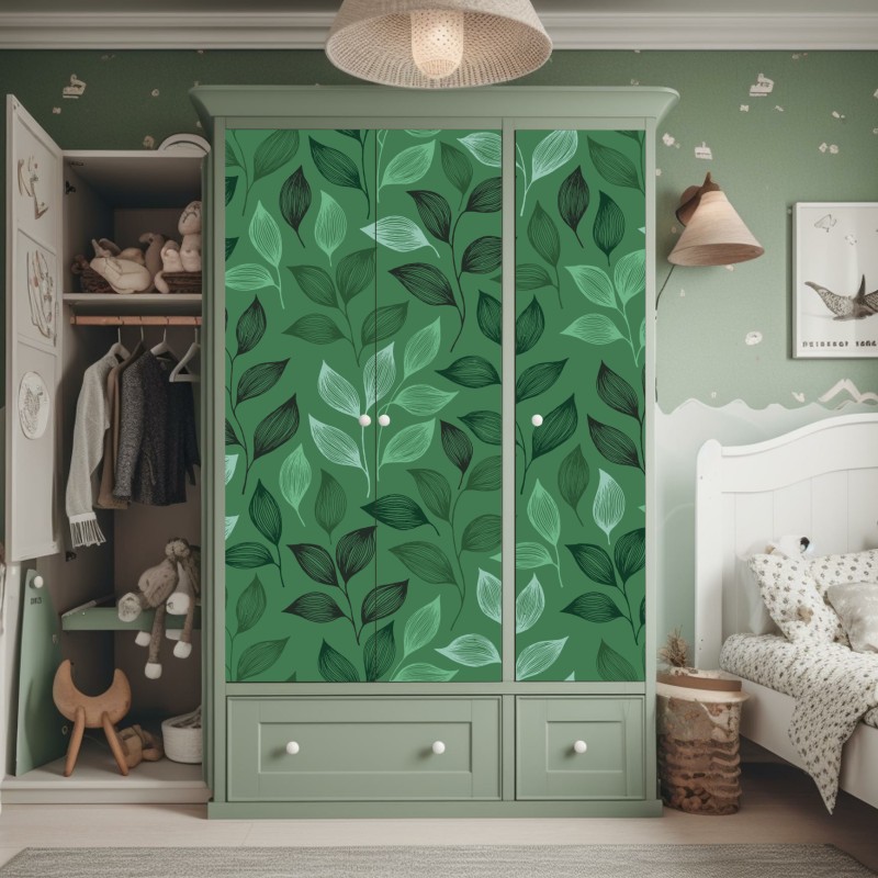 Naklejka na szafę zielony botaniczny wzór liści – Wallissimo® Naklejka na szafę zielony botaniczny wzór liści – Wallissimo®