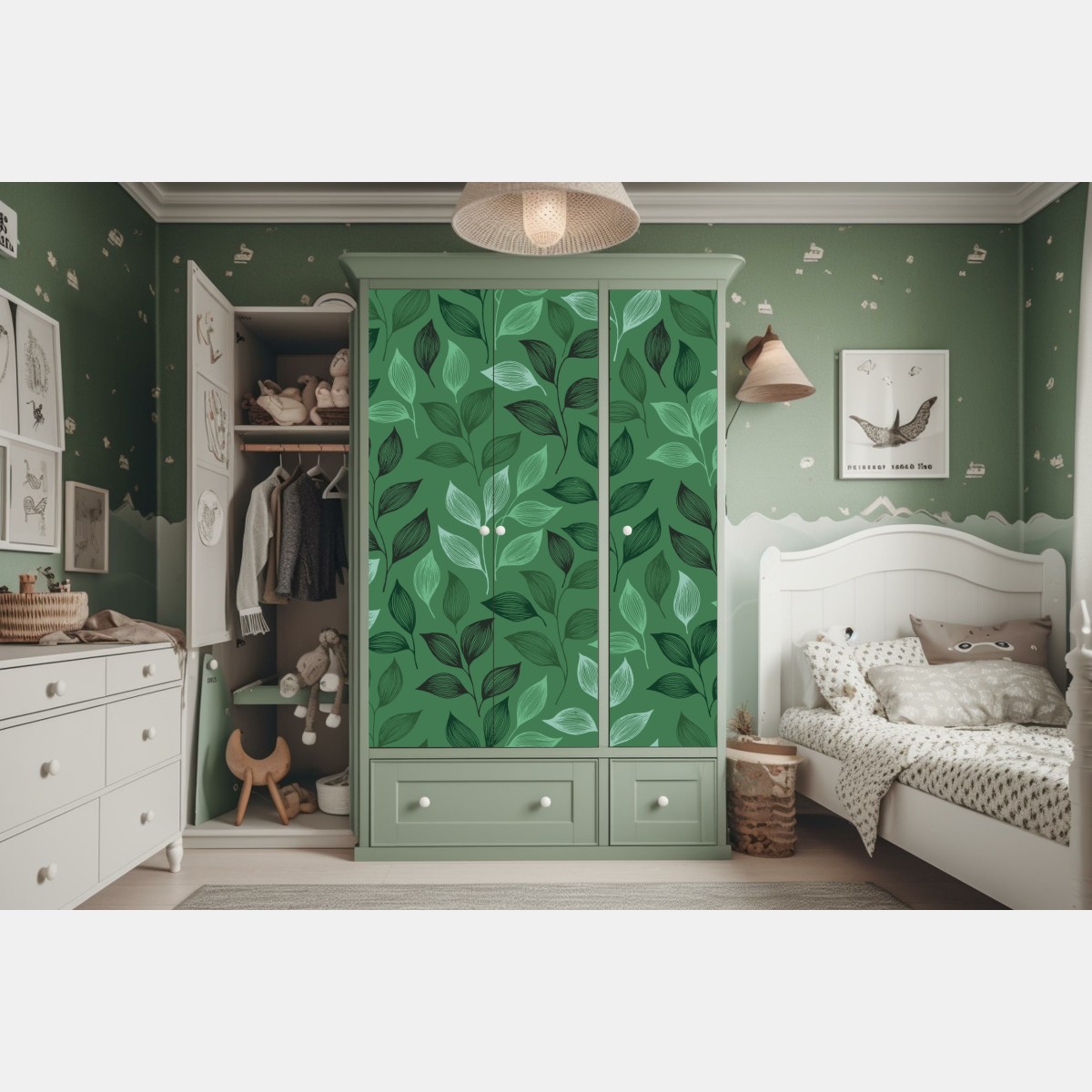 Naklejka na szafę zielony botaniczny wzór liści – Wallissimo® Naklejka na szafę zielony botaniczny wzór liści – Wallissimo®