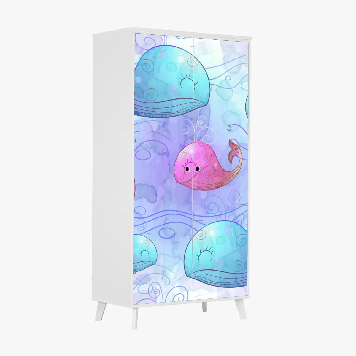 Naklejka na szafę akwarelowy wzór z wielorybami do pokoju dziecięcego – Wallissimo® Naklejka na szafę akwarelowy wzór z wielorybami do pokoju dziecięcego – Wallissimo®