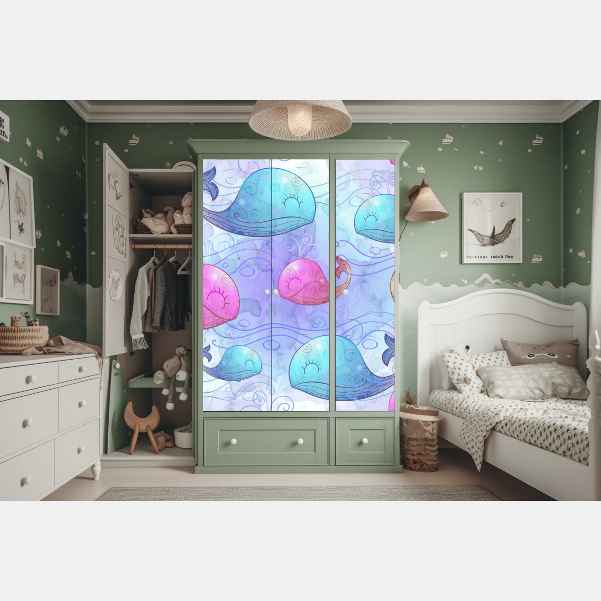 Naklejka na szafę akwarelowy wzór z wielorybami do pokoju dziecięcego – Wallissimo® Naklejka na szafę akwarelowy wzór z wielorybami do pokoju dziecięcego – Wallissimo®