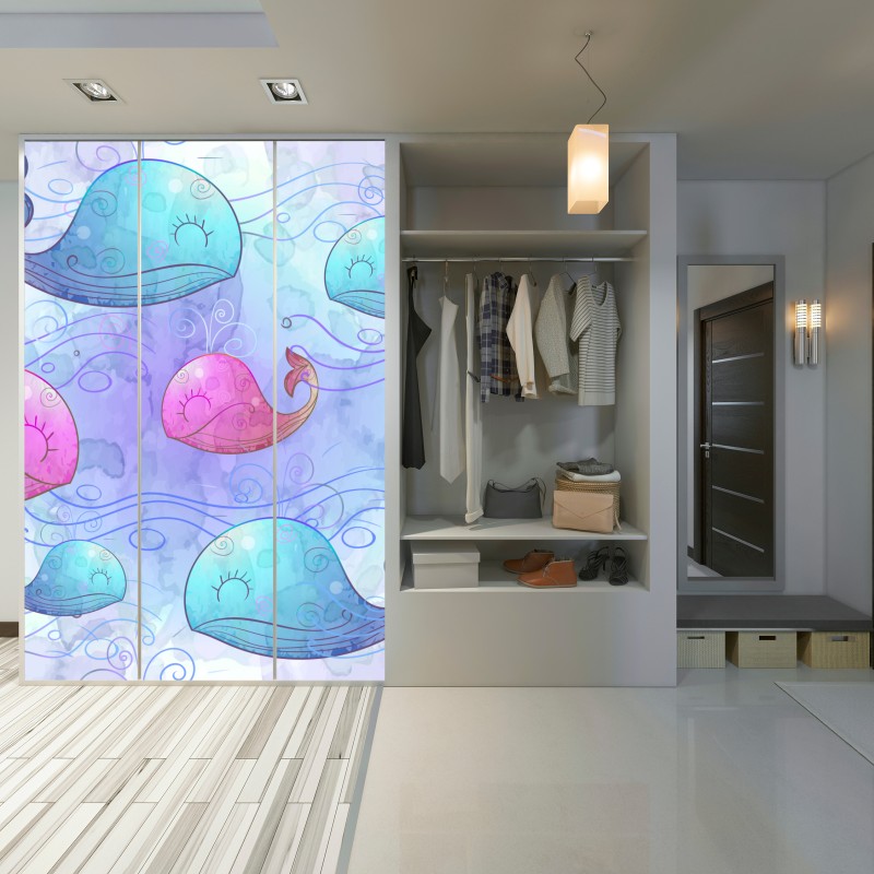 Naklejka na szafę akwarelowy wzór z wielorybami do pokoju dziecięcego – Wallissimo® Naklejka na szafę akwarelowy wzór z wielorybami do pokoju dziecięcego – Wallissimo®