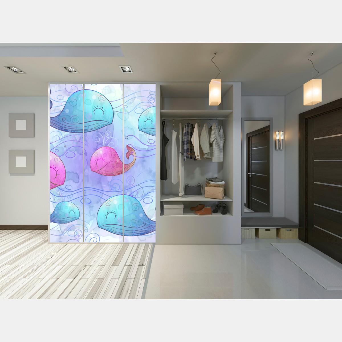 Naklejka na szafę akwarelowy wzór z wielorybami do pokoju dziecięcego – Wallissimo® Naklejka na szafę akwarelowy wzór z wielorybami do pokoju dziecięcego – Wallissimo®