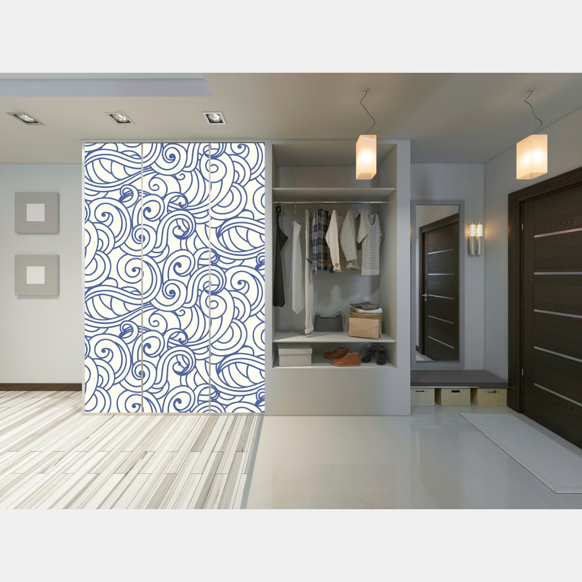 Naklejka na szafę niebieski wzór ze spiralami – Wallissimo® Naklejka na szafę niebieski wzór ze spiralami – Wallissimo®