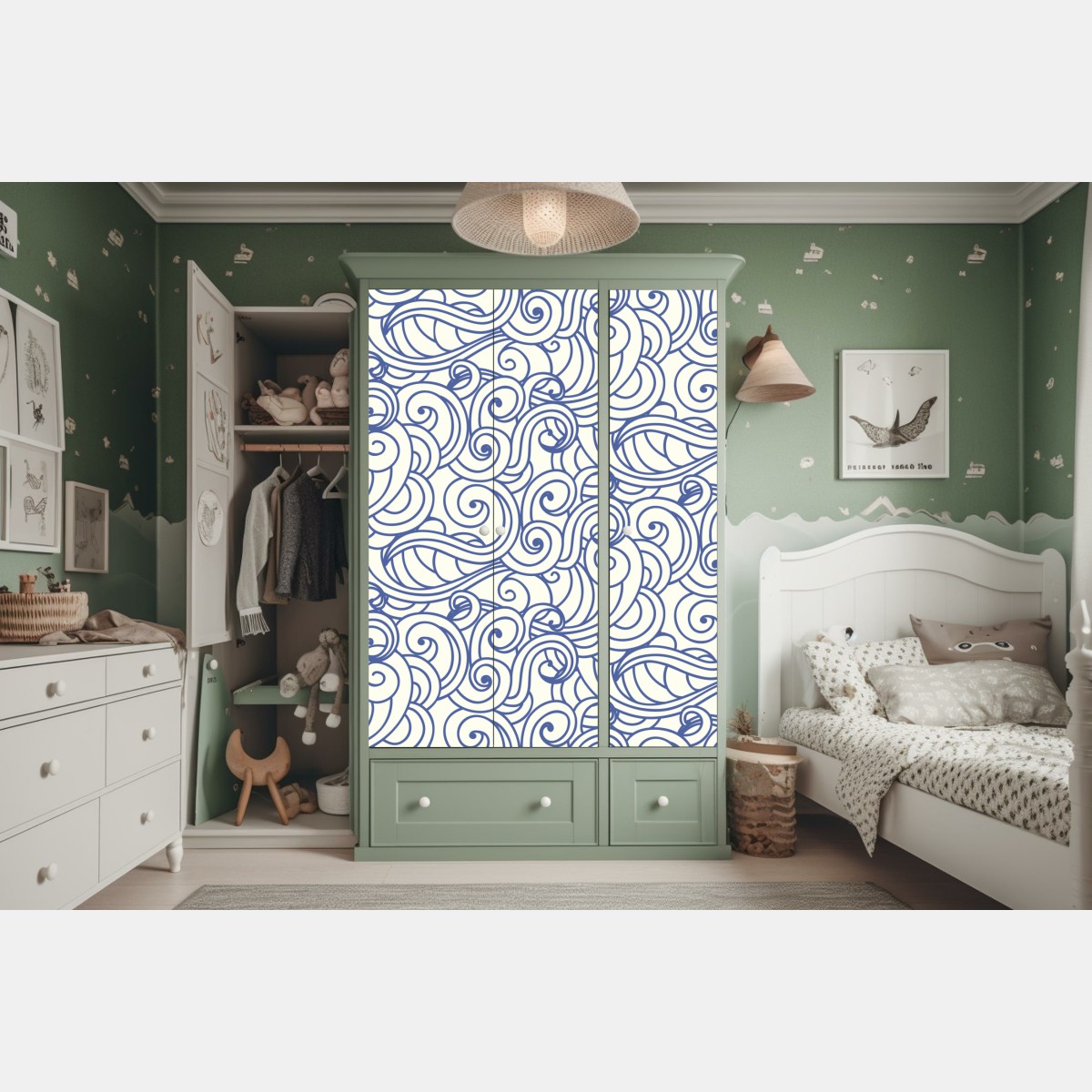 Naklejka na szafę niebieski wzór ze spiralami – Wallissimo® Naklejka na szafę niebieski wzór ze spiralami – Wallissimo®