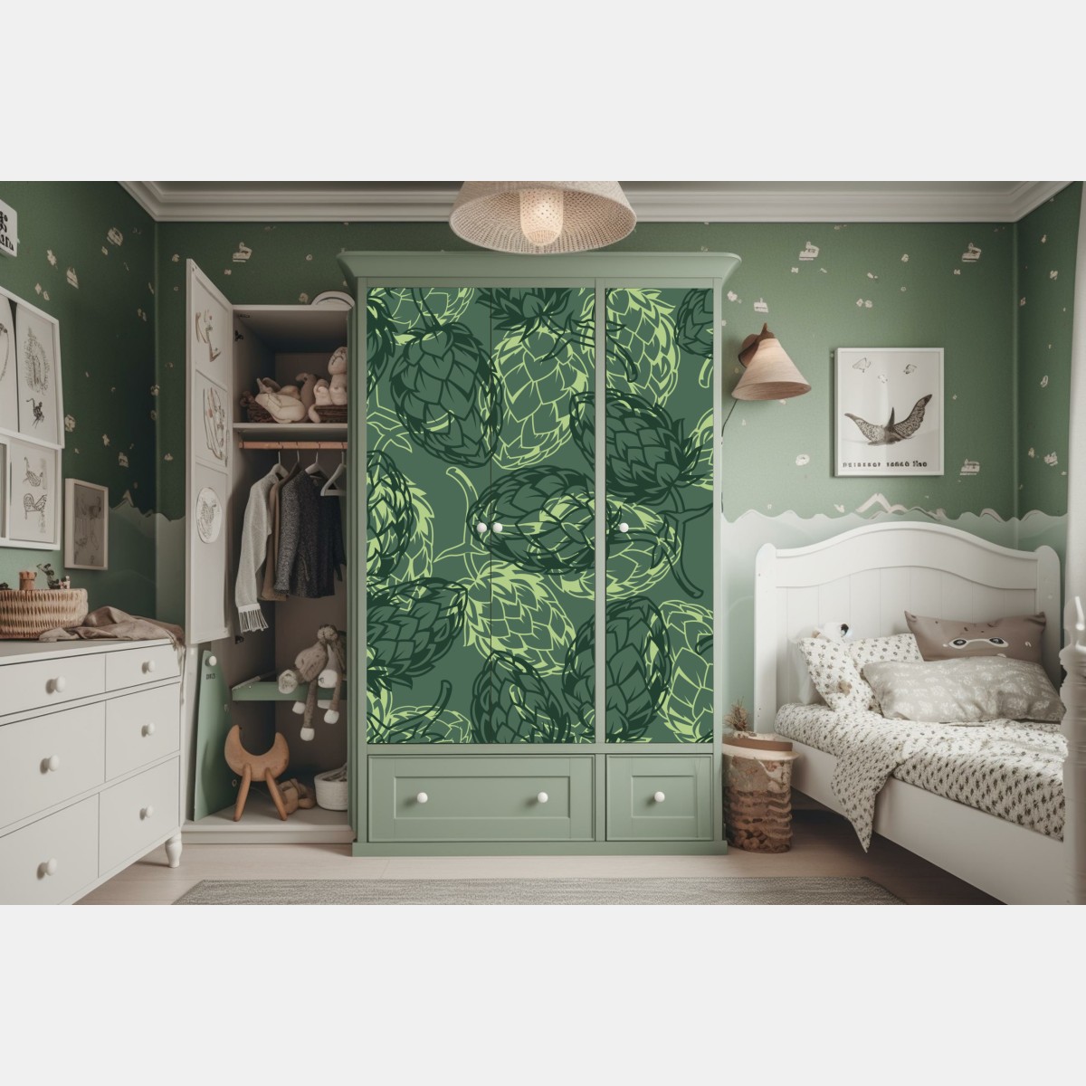 Naklejka na szafę zielony wzór szyszek chmielu – Wallissimo® Naklejka na szafę zielony wzór szyszek chmielu – Wallissimo®
