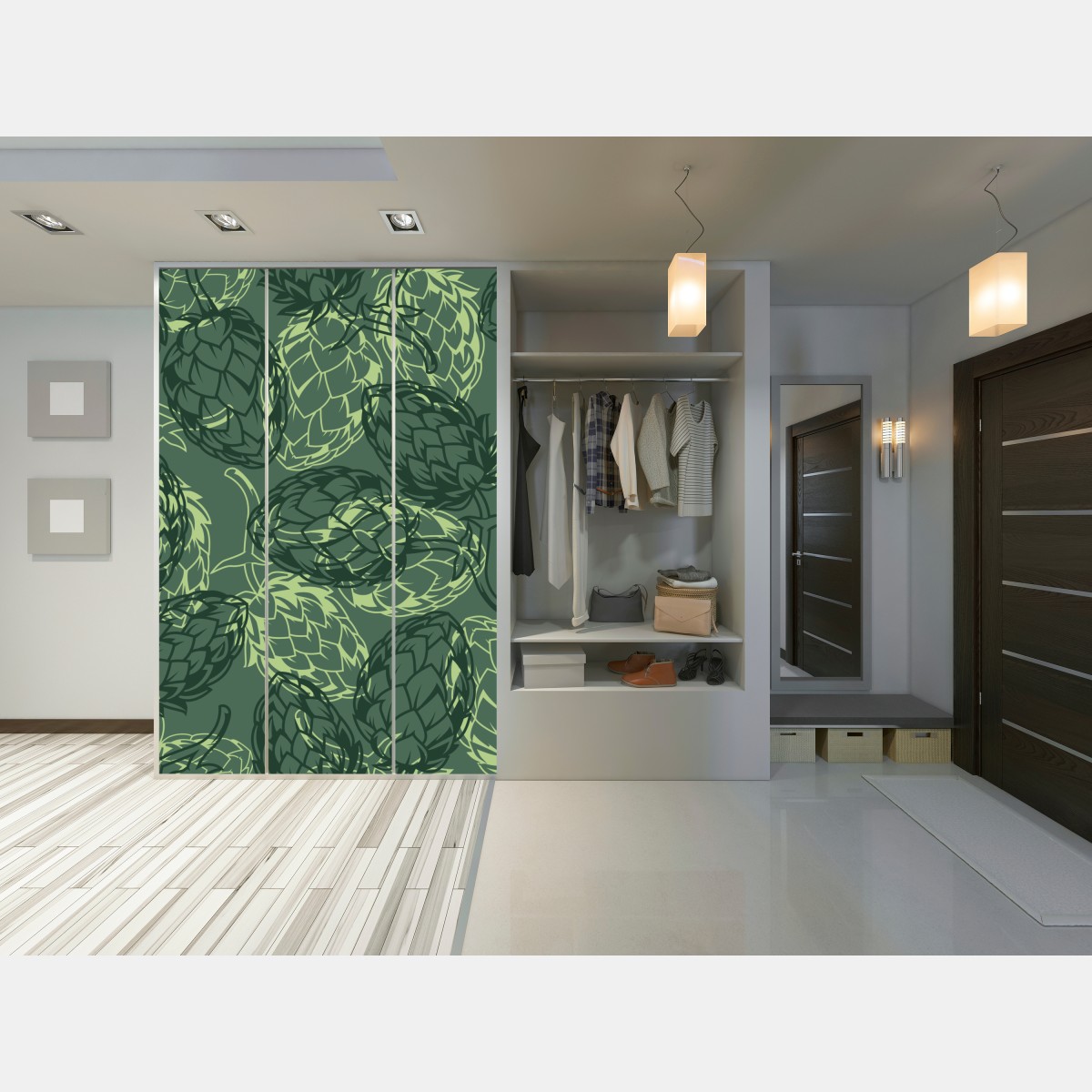 Naklejka na szafę zielony wzór szyszek chmielu – Wallissimo® Naklejka na szafę zielony wzór szyszek chmielu – Wallissimo®