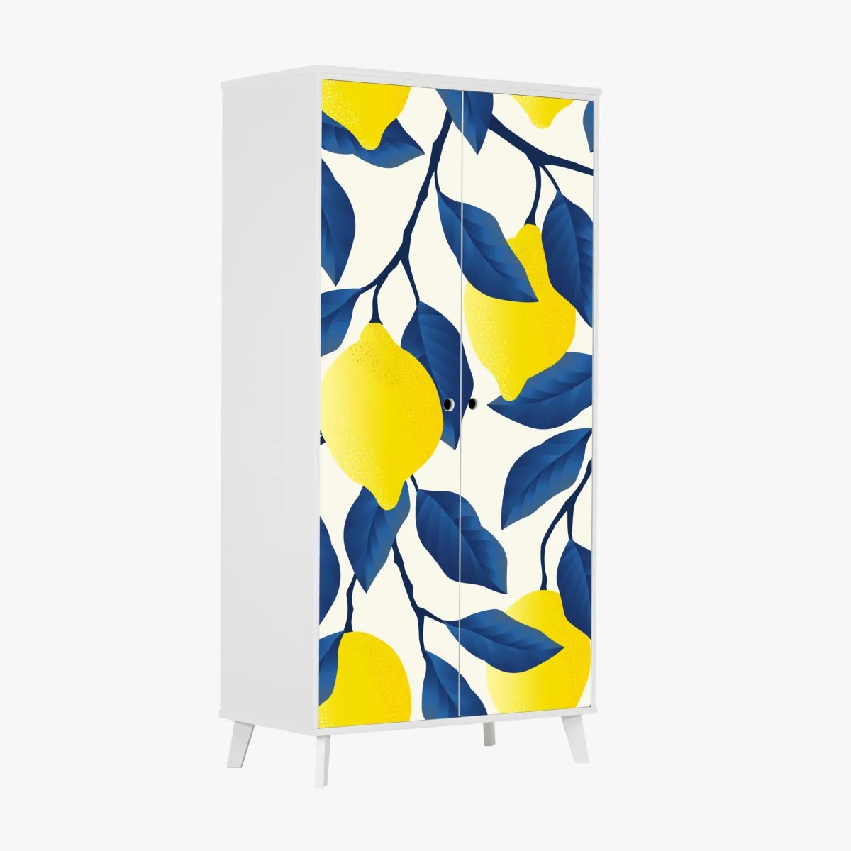 Naklejka na szafę żywy wzór cytryn z niebieskimi liśćmi – Wallissimo® Naklejka na szafę żywy wzór cytryn z niebieskimi liśćmi – Wallissimo®