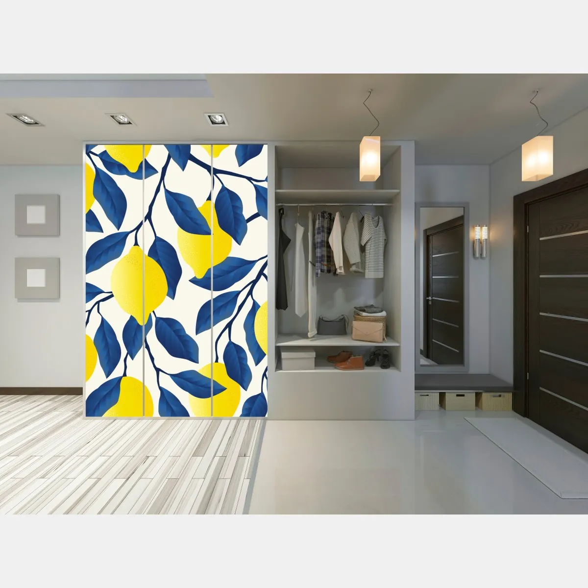 Naklejka na szafę żywy wzór cytryn z niebieskimi liśćmi – Wallissimo® Naklejka na szafę żywy wzór cytryn z niebieskimi liśćmi – Wallissimo®