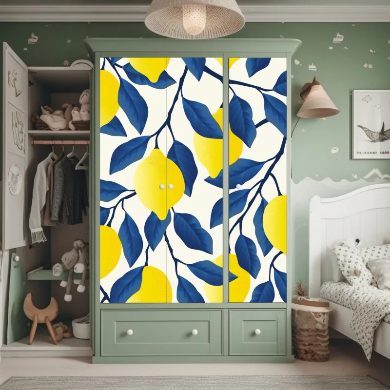 Naklejka na szafę żywy wzór cytryn z niebieskimi liśćmi – Wallissimo® Naklejka na szafę żywy wzór cytryn z niebieskimi liśćmi – Wallissimo®