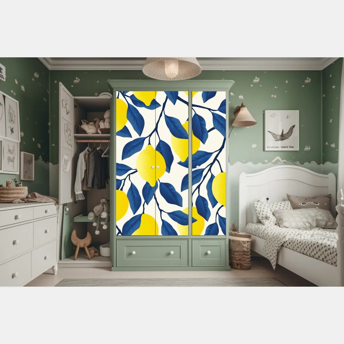 Naklejka na szafę żywy wzór cytryn z niebieskimi liśćmi – Wallissimo® Naklejka na szafę żywy wzór cytryn z niebieskimi liśćmi – Wallissimo®