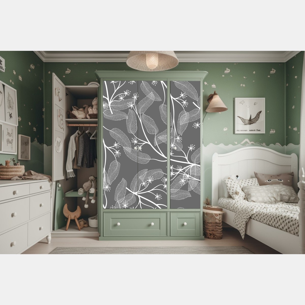 Naklejka na szafę delikatne białe liście na szarym tle – Wallissimo® Naklejka na szafę delikatne białe liście na szarym tle – Wallissimo®