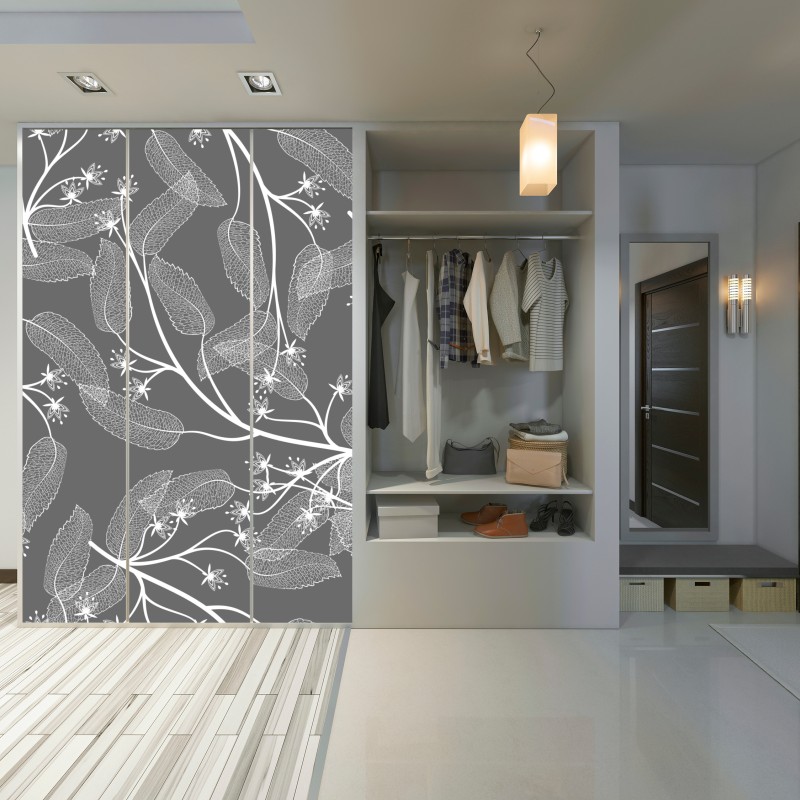 Naklejka na szafę delikatne białe liście na szarym tle – Wallissimo® Naklejka na szafę delikatne białe liście na szarym tle – Wallissimo®