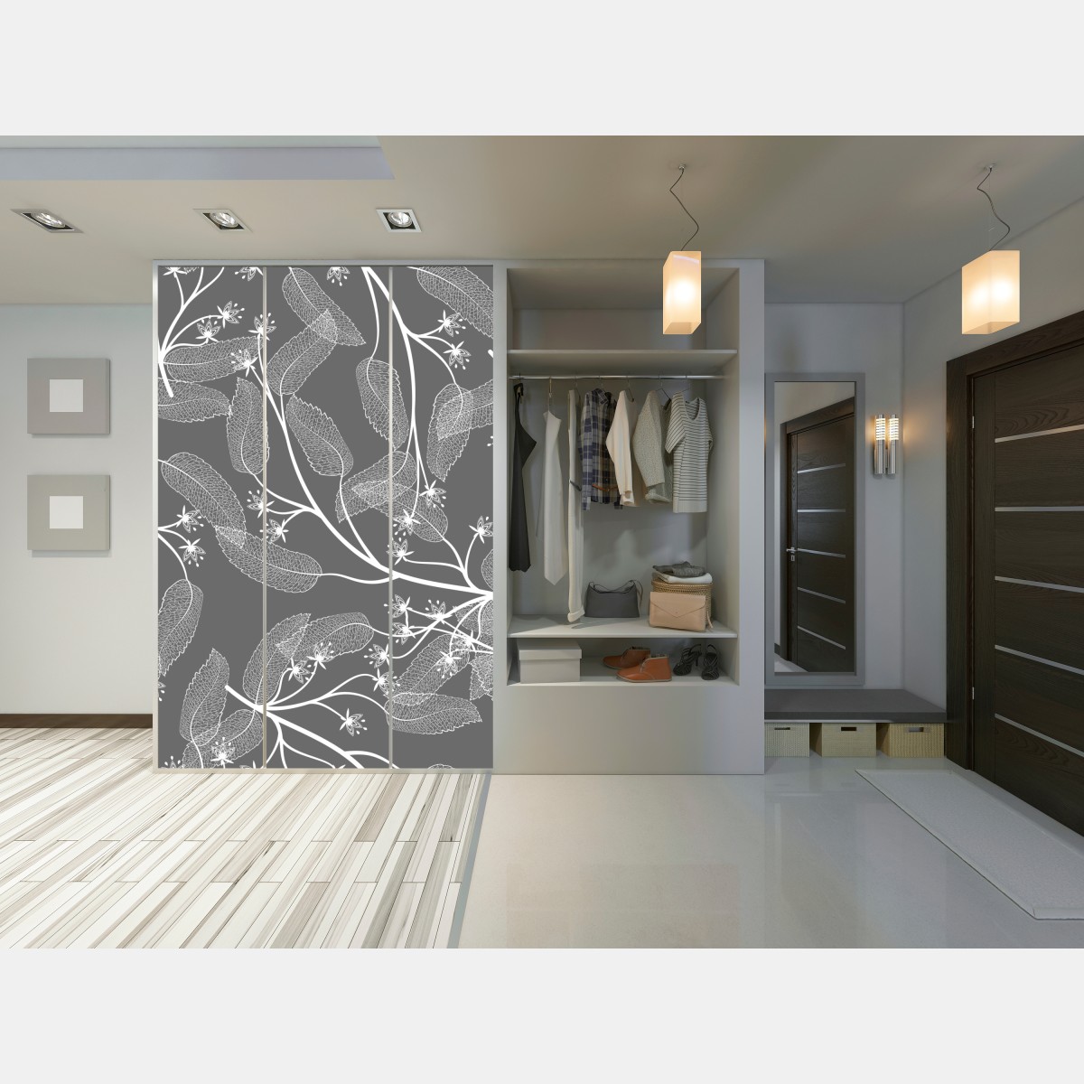 Naklejka na szafę delikatne białe liście na szarym tle – Wallissimo® Naklejka na szafę delikatne białe liście na szarym tle – Wallissimo®
