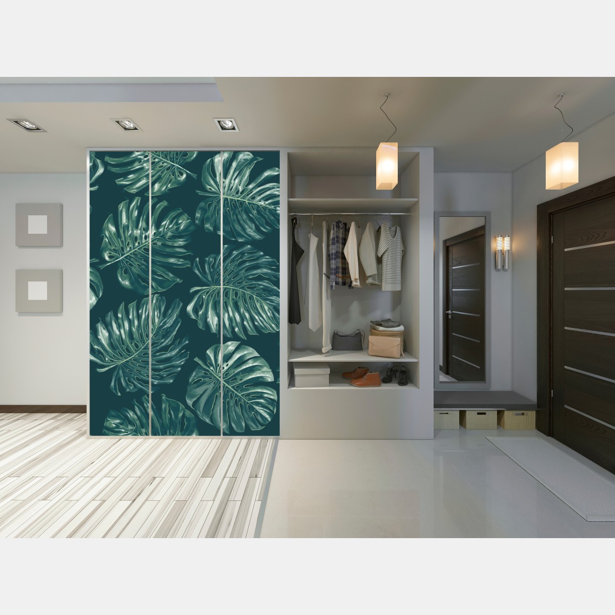Naklejka na szafę wzór tropikalnych liści monstery – Wallissimo® Naklejka na szafę wzór tropikalnych liści monstery – Wallissimo®