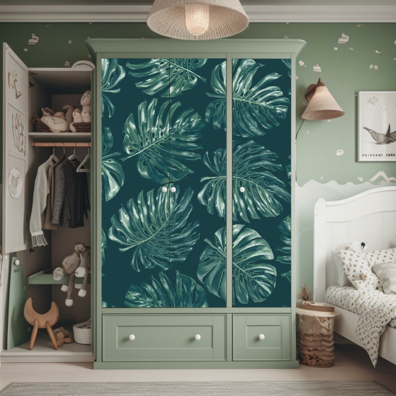 Naklejka na szafę wzór tropikalnych liści monstery – Wallissimo® Naklejka na szafę wzór tropikalnych liści monstery – Wallissimo®