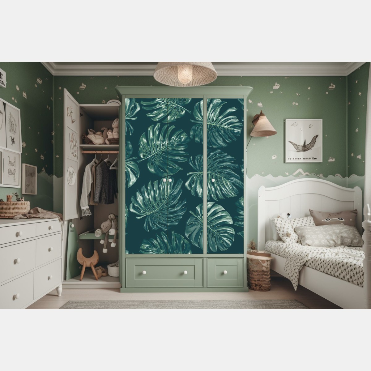 Naklejka na szafę wzór tropikalnych liści monstery – Wallissimo® Naklejka na szafę wzór tropikalnych liści monstery – Wallissimo®