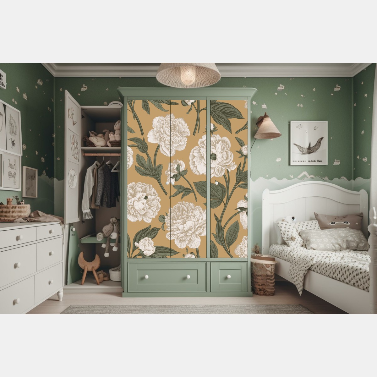 Naklejka na szafę vintage wzór botaniczny z piwoniami – Wallissimo® Naklejka na szafę vintage wzór botaniczny z piwoniami – Wallissimo®