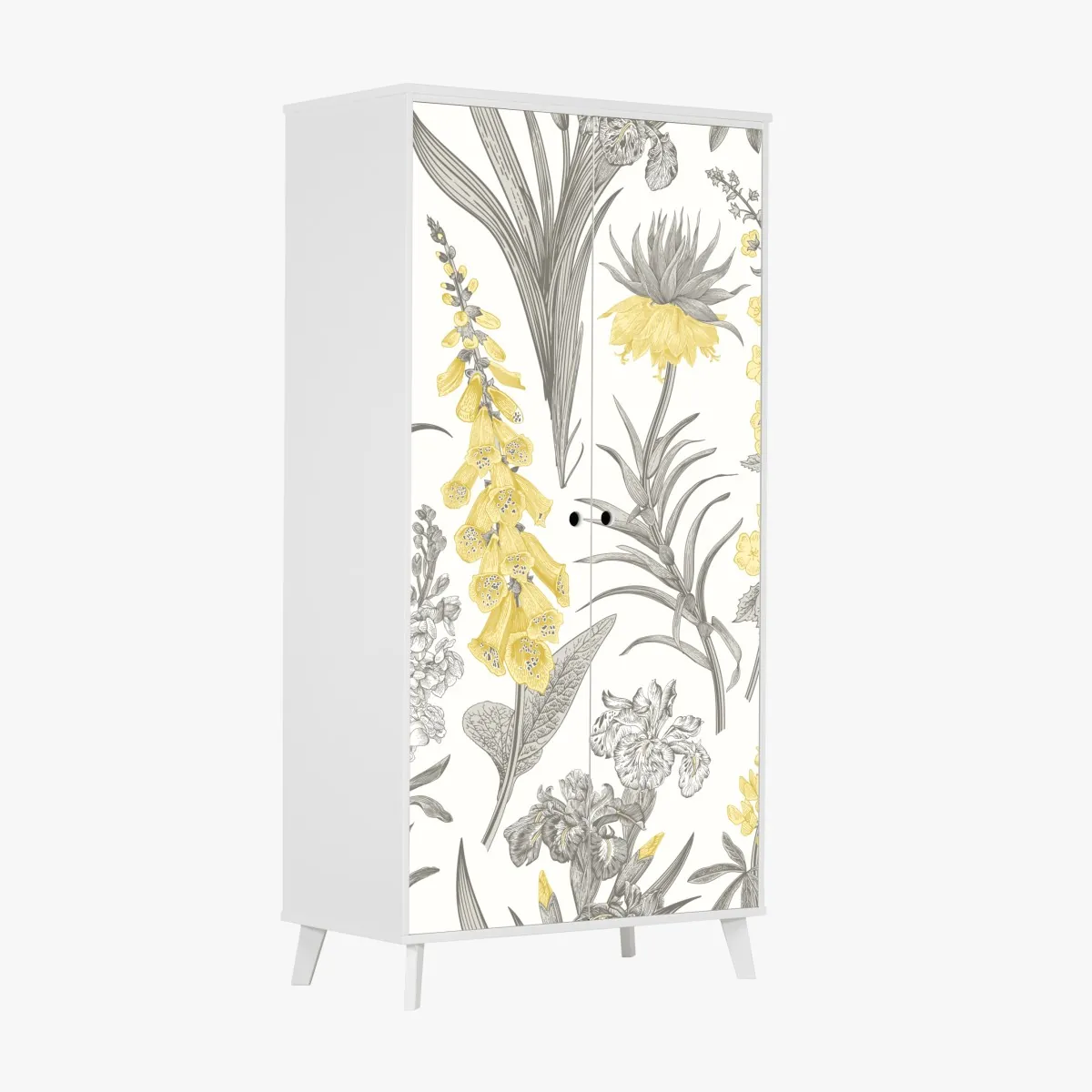 Naklejka na szafę vintage botaniczny wzór kwiatowy w żółci i szarości – Wallissimo® Naklejka na szafę vintage botaniczny wzór kwiatowy w żółci i szarości – Wallissimo®