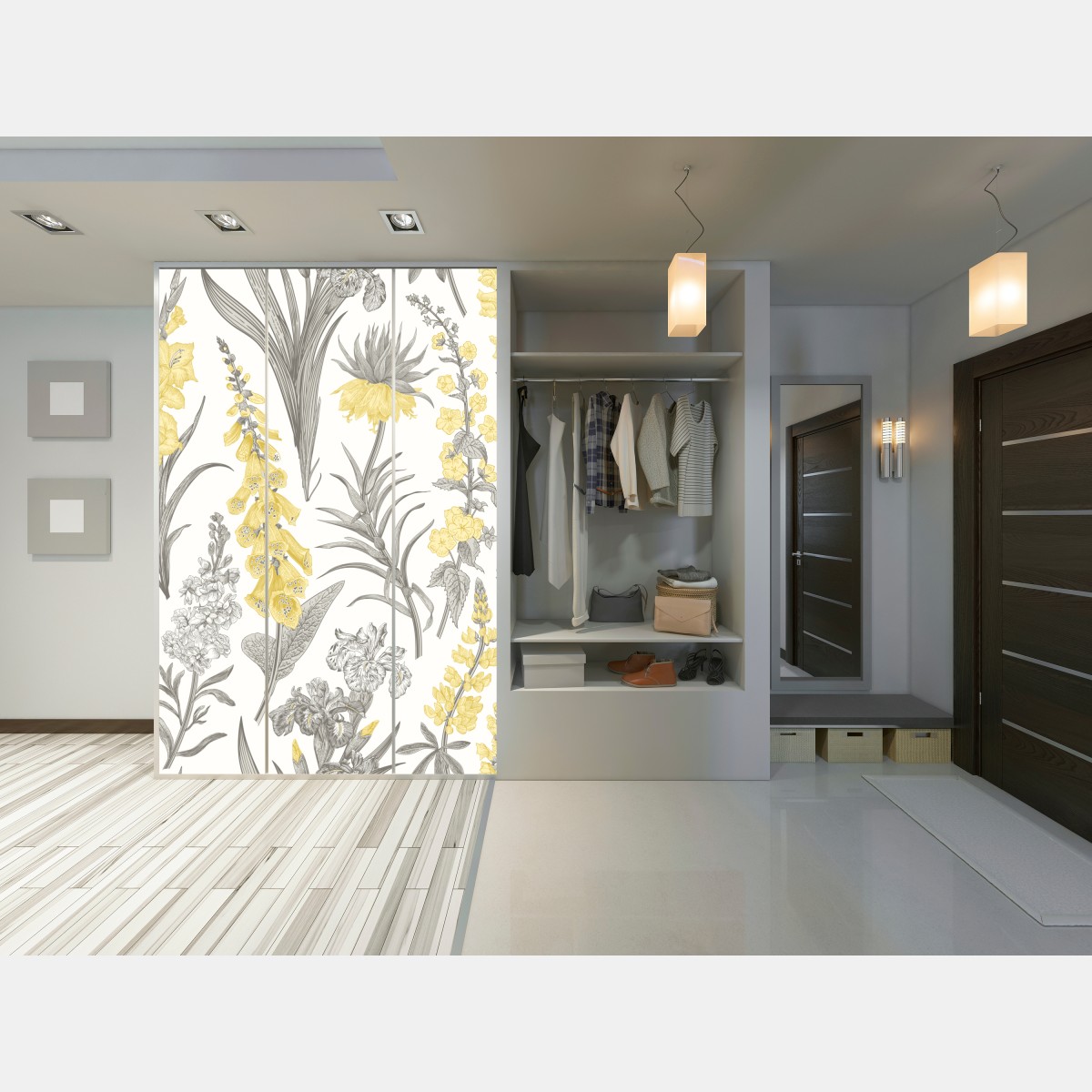 Naklejka na szafę vintage botaniczny wzór kwiatowy w żółci i szarości – Wallissimo® Naklejka na szafę vintage botaniczny wzór kwiatowy w żółci i szarości – Wallissimo®