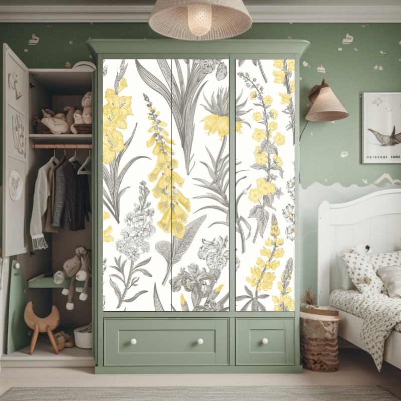 Naklejka na szafę vintage botaniczny wzór kwiatowy w żółci i szarości – Wallissimo® Naklejka na szafę vintage botaniczny wzór kwiatowy w żółci i szarości – Wallissimo®