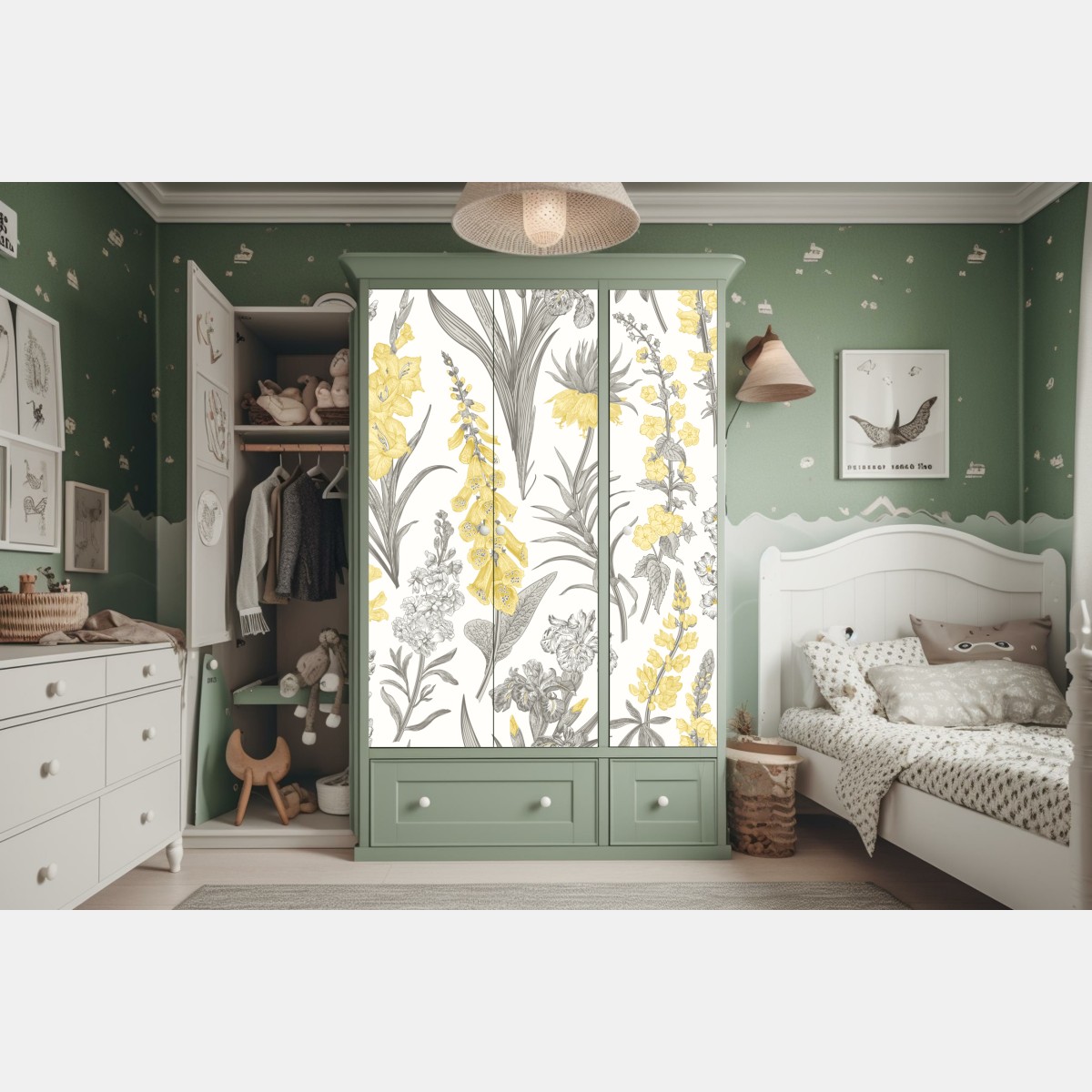 Naklejka na szafę vintage botaniczny wzór kwiatowy w żółci i szarości – Wallissimo® Naklejka na szafę vintage botaniczny wzór kwiatowy w żółci i szarości – Wallissimo®