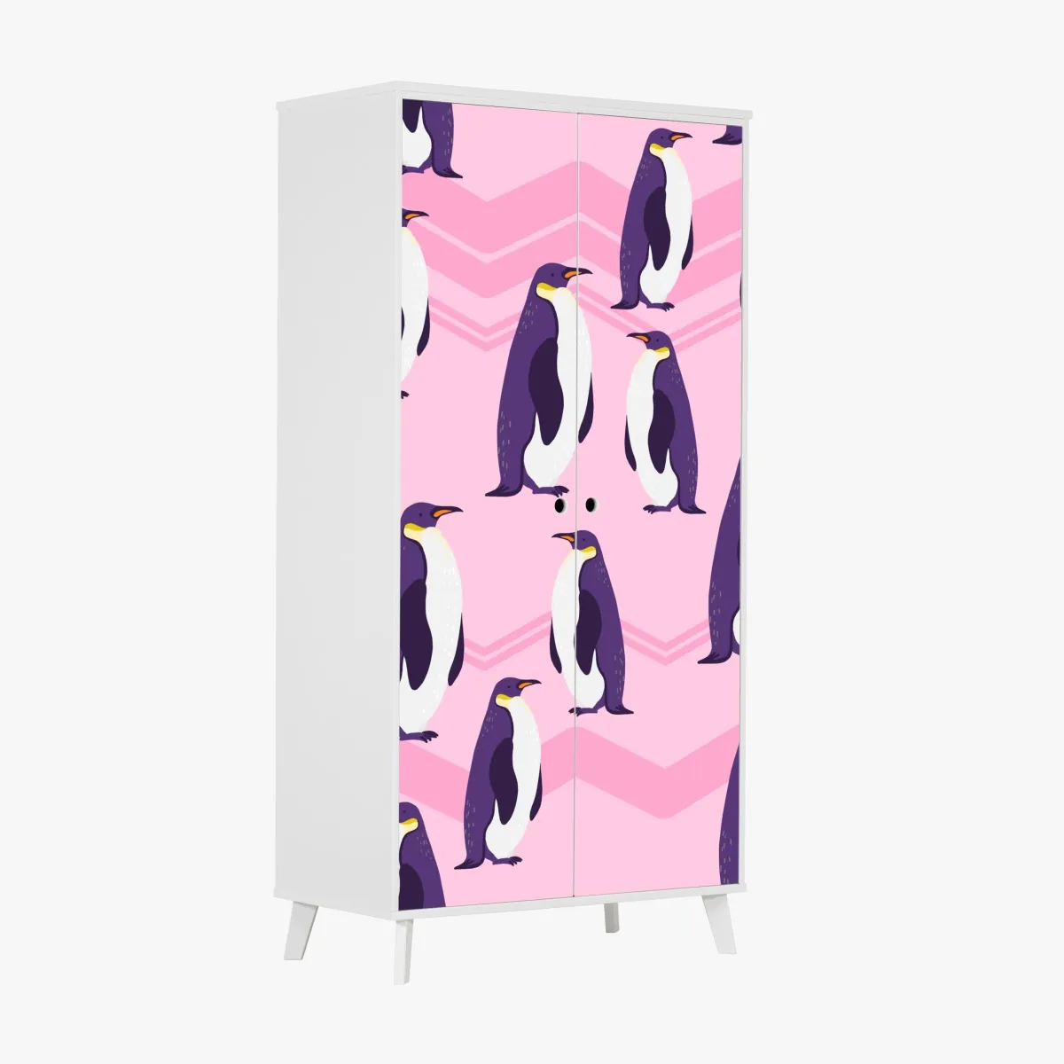 Naklejka na szafę zabawny wzór z fioletowymi pingwinami na różowym tle – Wallissimo® Naklejka na szafę zabawny wzór z fioletowymi pingwinami na różowym tle – Wallissimo®