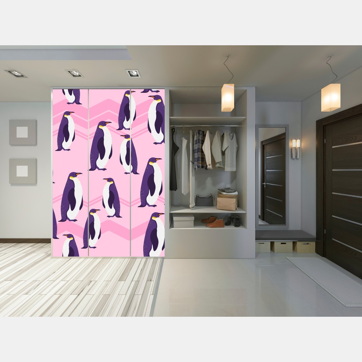 Naklejka na szafę zabawny wzór z fioletowymi pingwinami na różowym tle – Wallissimo® Naklejka na szafę zabawny wzór z fioletowymi pingwinami na różowym tle – Wallissimo®