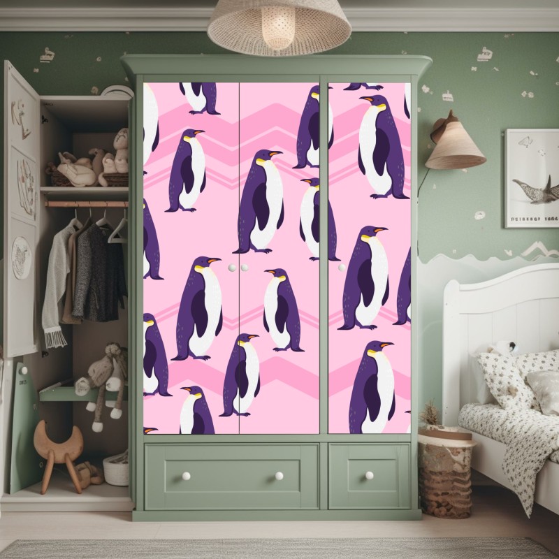 Naklejka na szafę zabawny wzór z fioletowymi pingwinami na różowym tle – Wallissimo® Naklejka na szafę zabawny wzór z fioletowymi pingwinami na różowym tle – Wallissimo®