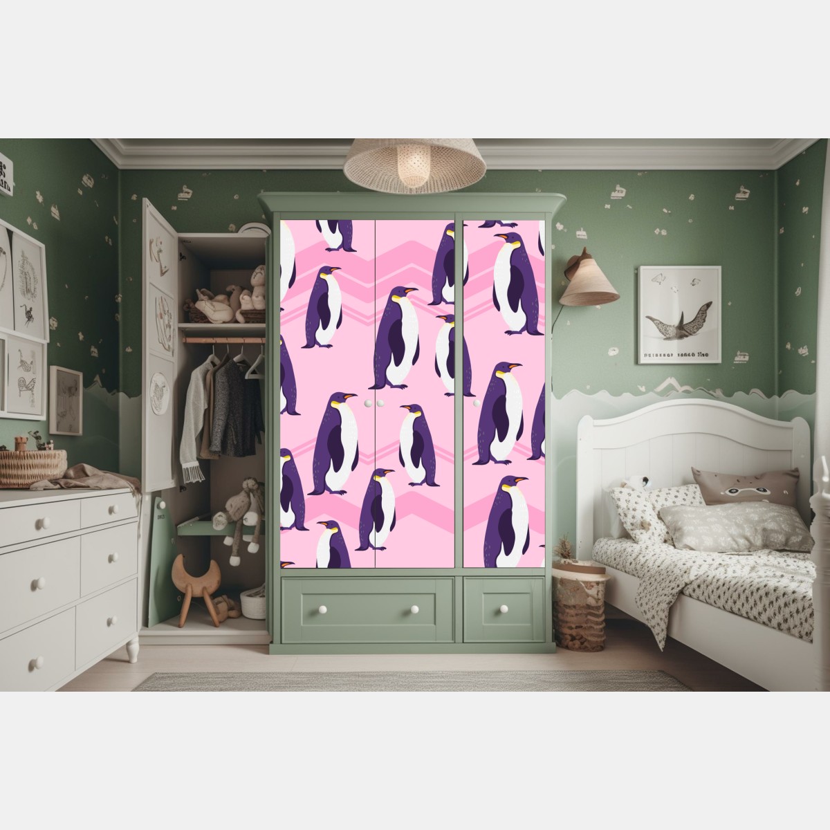 Naklejka na szafę zabawny wzór z fioletowymi pingwinami na różowym tle – Wallissimo® Naklejka na szafę zabawny wzór z fioletowymi pingwinami na różowym tle – Wallissimo®