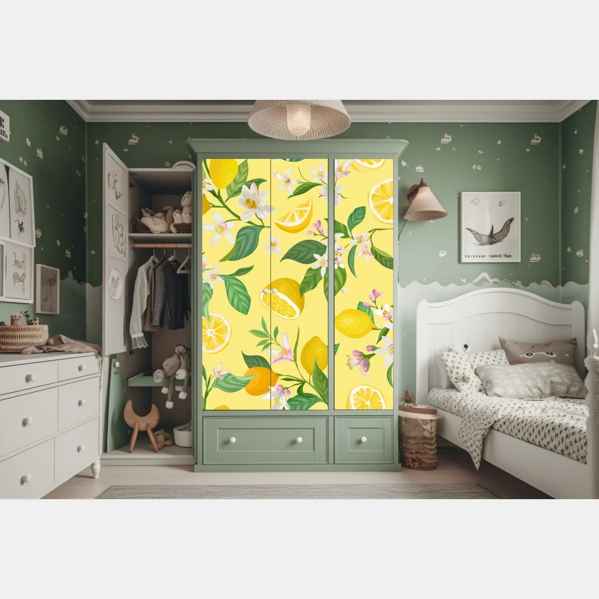 Naklejka na szafę wzór z kwiatami i cytrynami – Wallissimo® Naklejka na szafę wzór z kwiatami i cytrynami – Wallissimo®