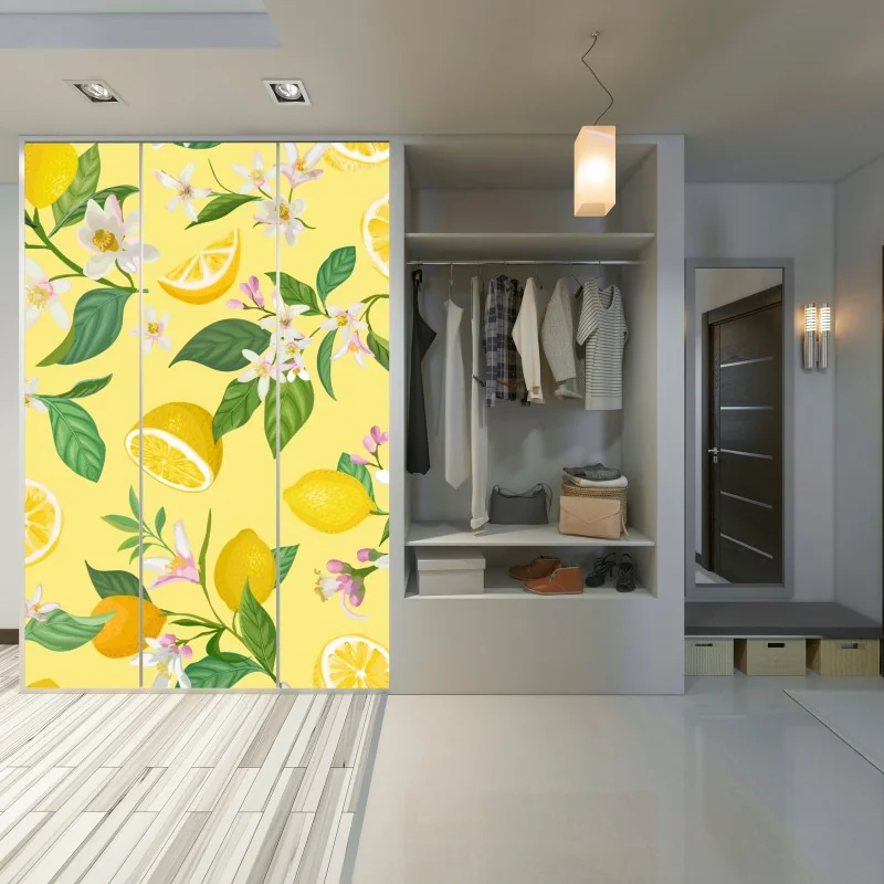 Naklejka na szafę wzór z kwiatami i cytrynami – Wallissimo® Naklejka na szafę wzór z kwiatami i cytrynami – Wallissimo®