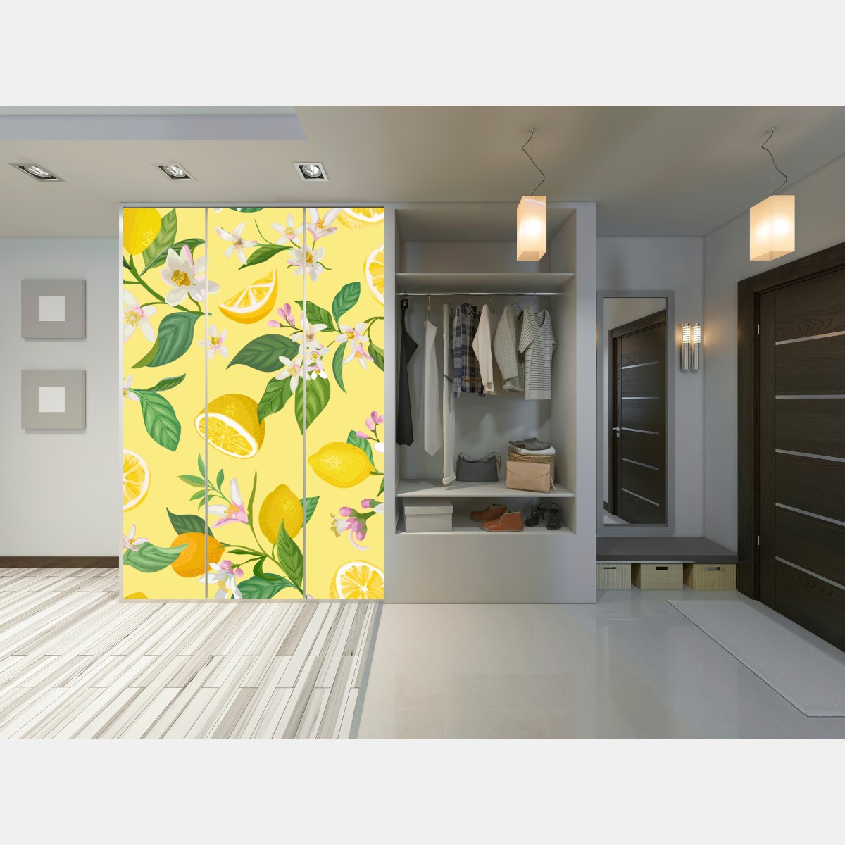 Naklejka na szafę wzór z kwiatami i cytrynami – Wallissimo® Naklejka na szafę wzór z kwiatami i cytrynami – Wallissimo®