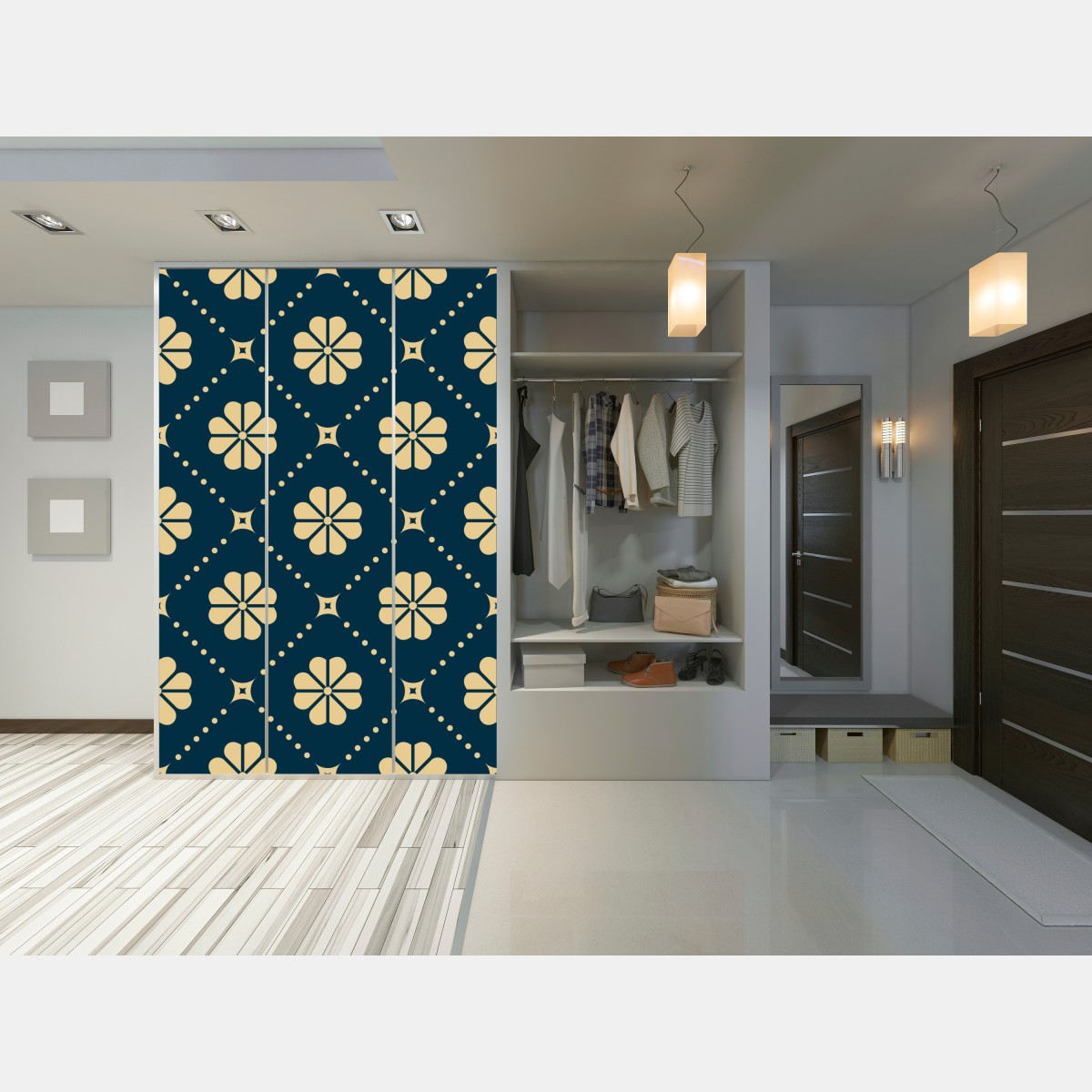 Naklejka na szafę turkusowo beżowy kwiatowy geometryczny wzór – Wallissimo® Naklejka na szafę turkusowo beżowy kwiatowy geometryczny wzór – Wallissimo®