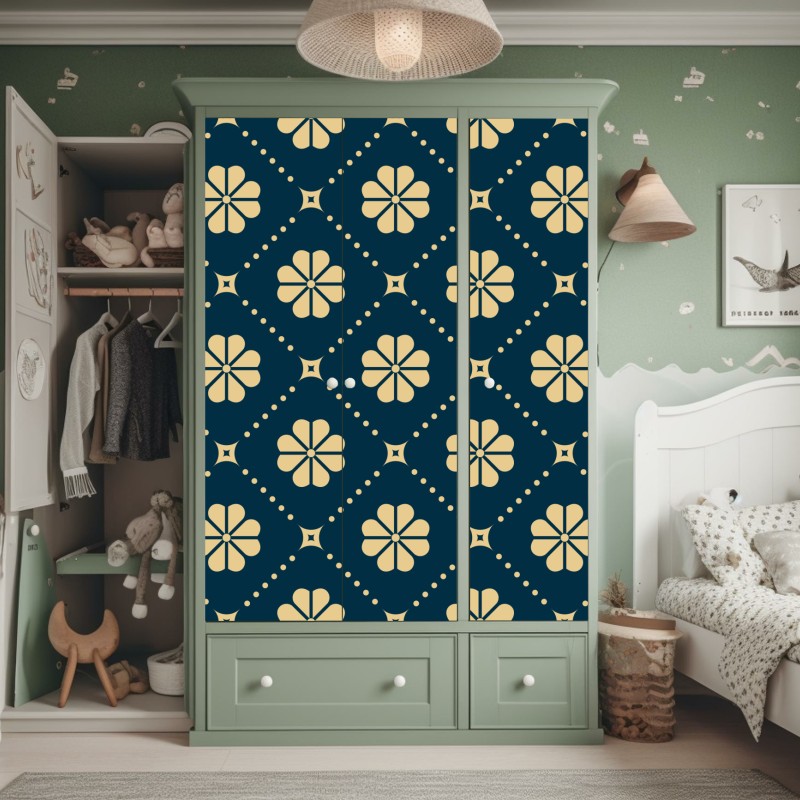 Naklejka na szafę turkusowo beżowy kwiatowy geometryczny wzór – Wallissimo® Naklejka na szafę turkusowo beżowy kwiatowy geometryczny wzór – Wallissimo®