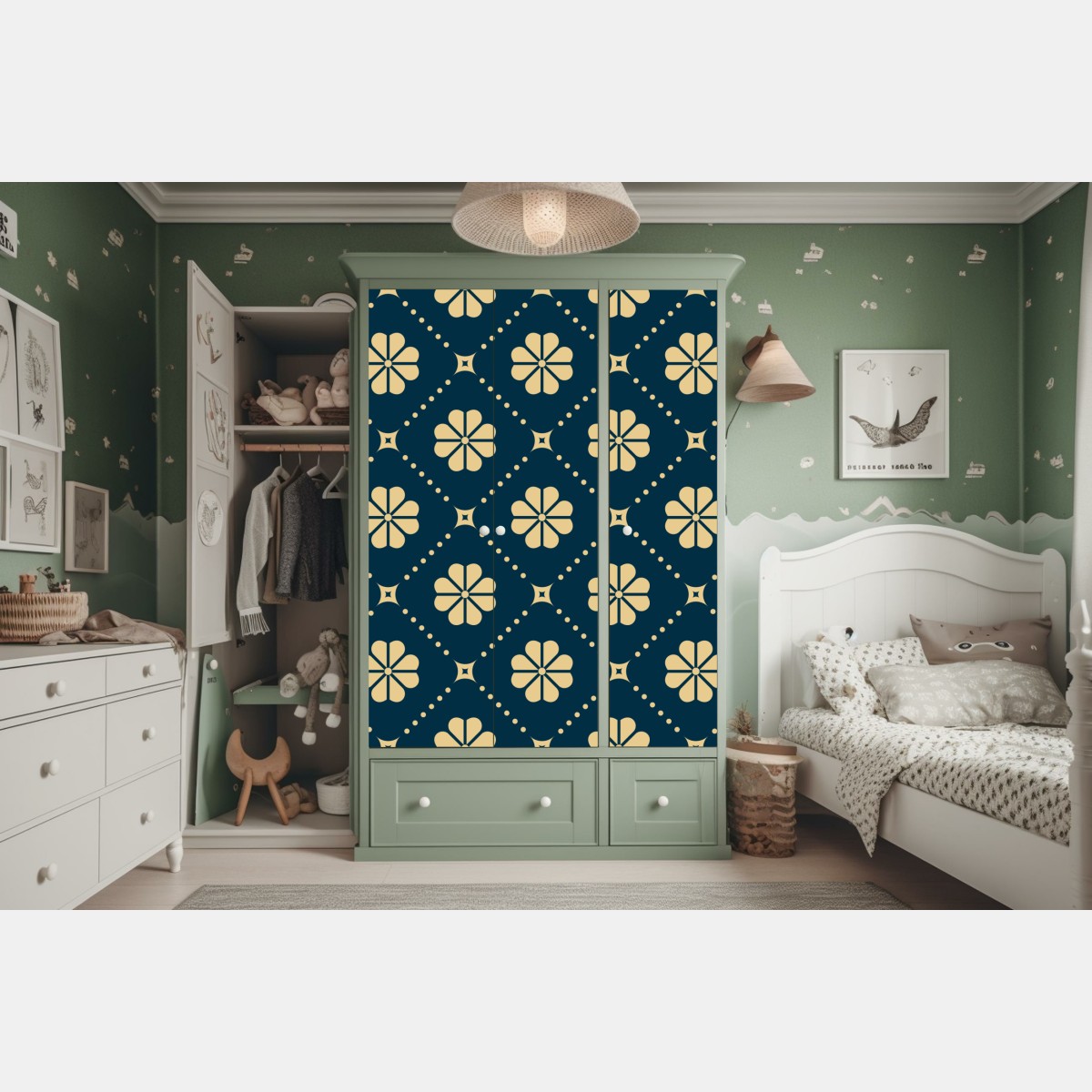 Naklejka na szafę turkusowo beżowy kwiatowy geometryczny wzór – Wallissimo® Naklejka na szafę turkusowo beżowy kwiatowy geometryczny wzór – Wallissimo®