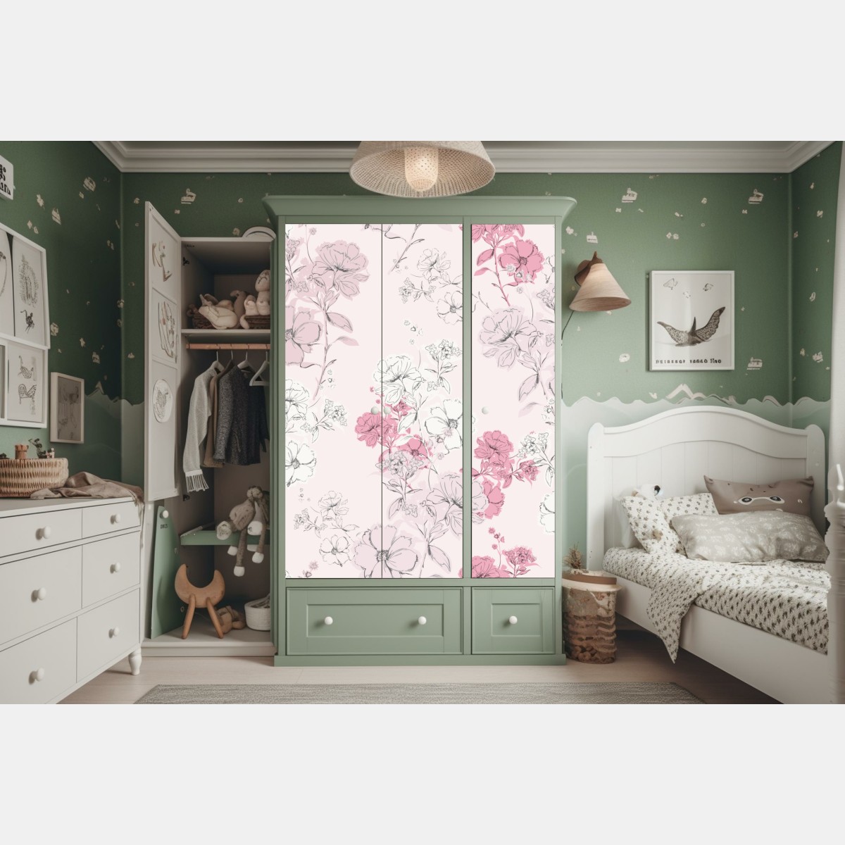 Naklejka na szafę delikatny różowy wzór kwiatowy – Wallissimo® Naklejka na szafę delikatny różowy wzór kwiatowy – Wallissimo®