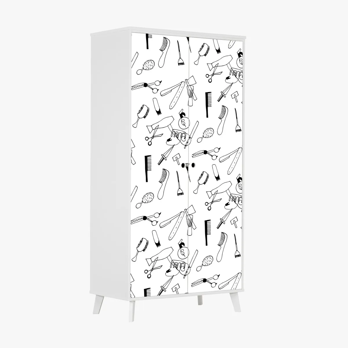 Naklejka na szafę ręcznie rysowany wzór narzędzi fryzjerskich – Wallissimo® Naklejka na szafę ręcznie rysowany wzór narzędzi fryzjerskich – Wallissimo®