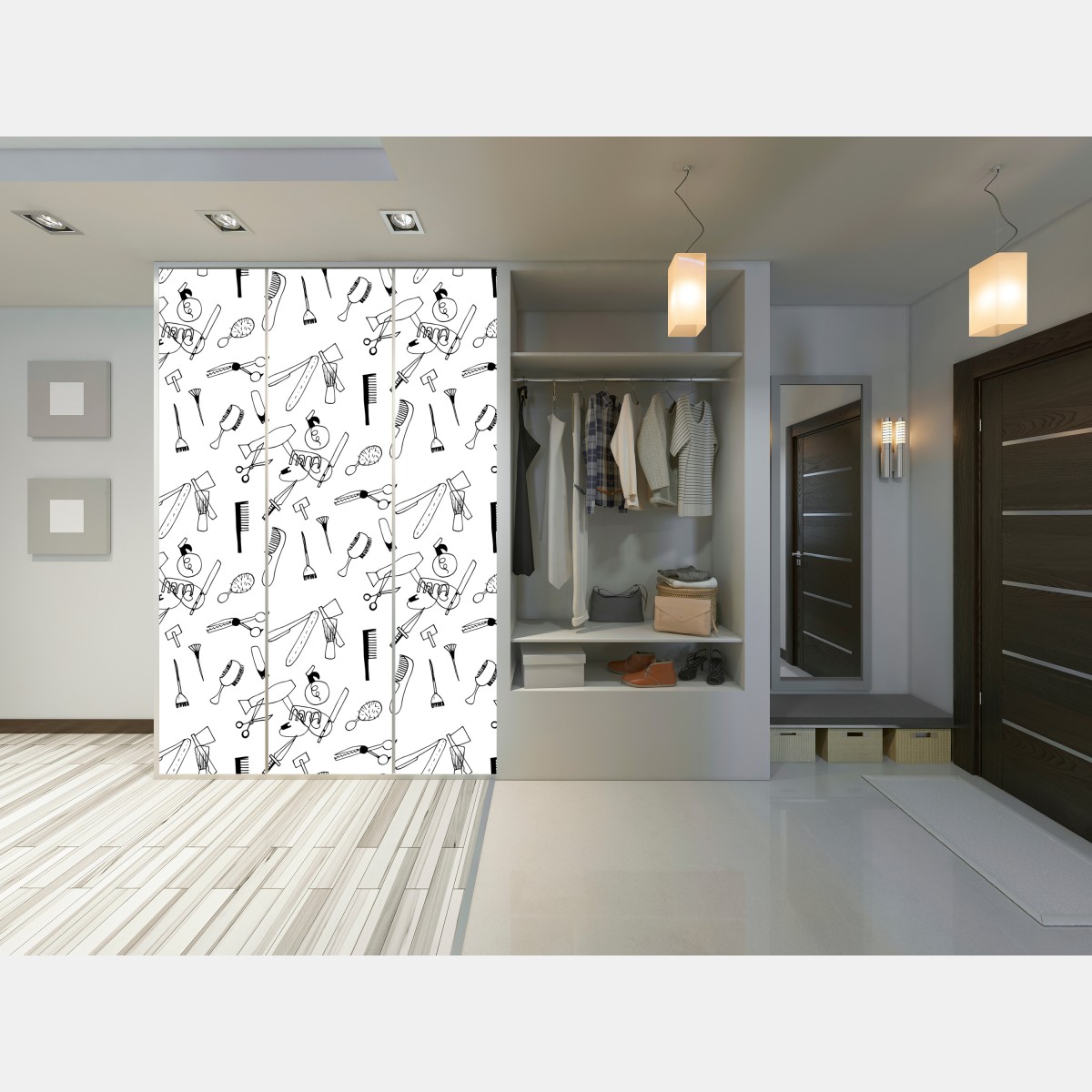 Naklejka na szafę ręcznie rysowany wzór narzędzi fryzjerskich – Wallissimo® Naklejka na szafę ręcznie rysowany wzór narzędzi fryzjerskich – Wallissimo®